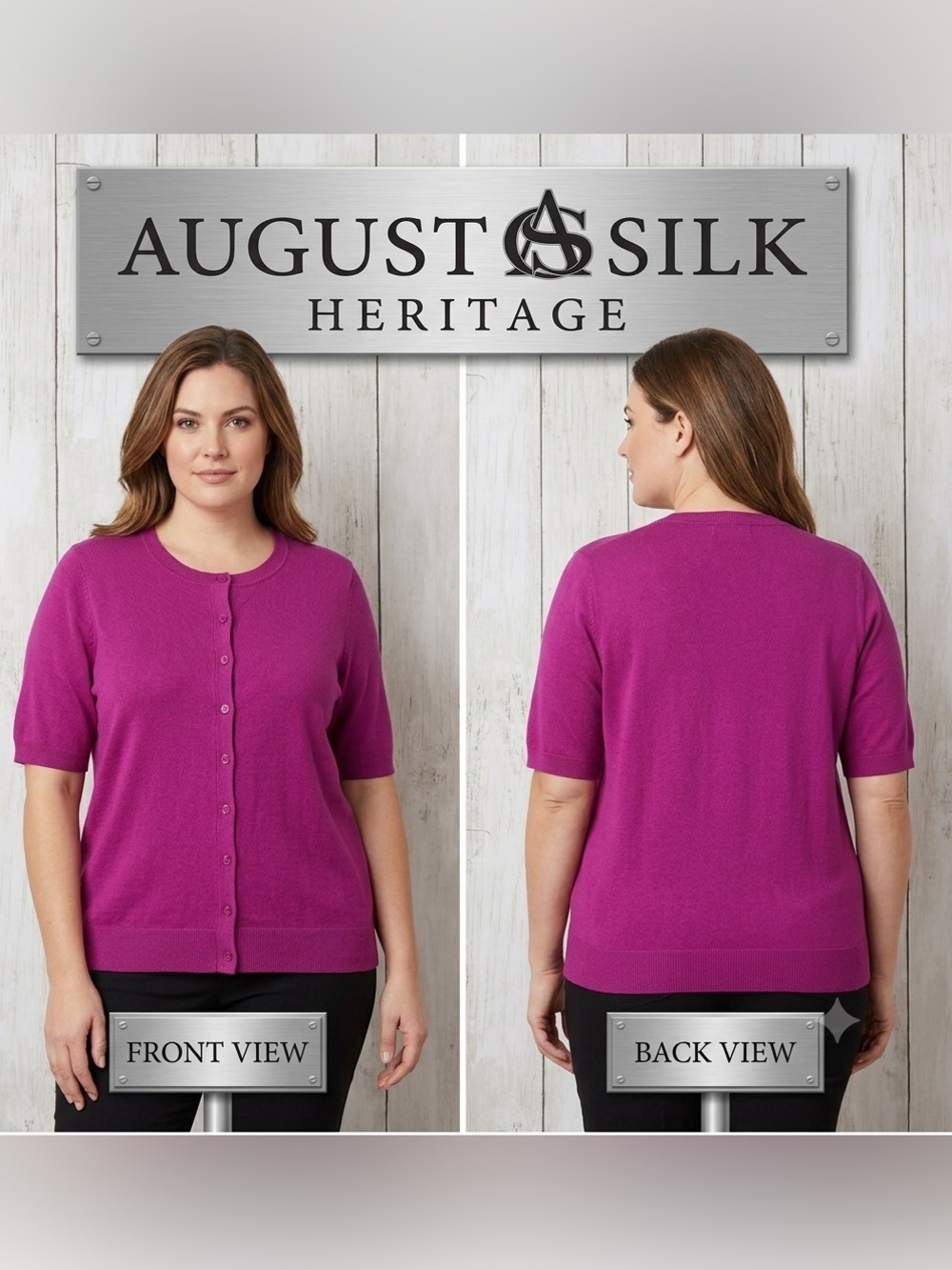 August Silk Heritage Short Sleeve Button Up Purple Cardigan Large